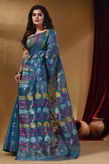 Lapis Blue Cotton Handwoven Jamdani Saree With Floral Designs And Motifs