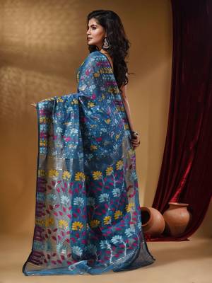 Lapis Blue Cotton Handwoven Jamdani Saree With Floral Designs And Motifs 4