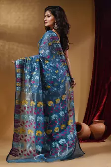 Lapis Blue Cotton Handwoven Jamdani Saree With Floral Designs And Motifs