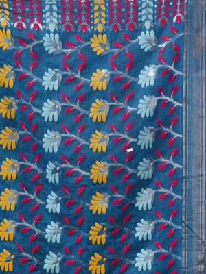 Lapis Blue Cotton Handwoven Jamdani Saree With Floral Designs And Motifs 5