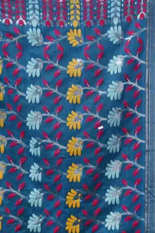Lapis Blue Cotton Handwoven Jamdani Saree With Floral Designs And Motifs