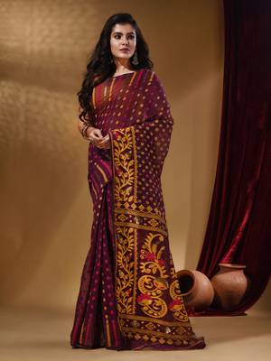 Purple Cotton Handwoven Jamdani Saree With Small Buttas And Nakshi Designs 1