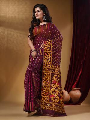 Purple Cotton Handwoven Jamdani Saree With Small Buttas And Nakshi Designs 2