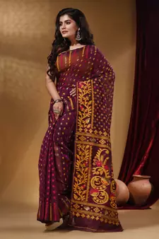 Purple Cotton Handwoven Jamdani Saree With Small Buttas And Nakshi Designs