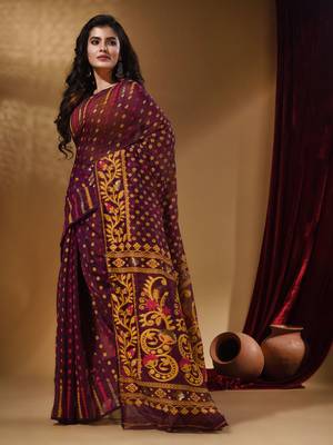 Purple Cotton Handwoven Jamdani Saree With Small Buttas And Nakshi Designs 3