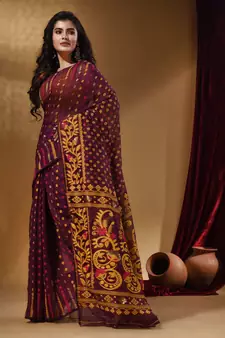 Purple Cotton Handwoven Jamdani Saree With Small Buttas And Nakshi Designs