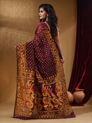 Purple Cotton Handwoven Jamdani Saree With Small Buttas And Nakshi Designs 4