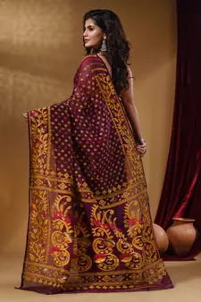 Purple Cotton Handwoven Jamdani Saree With Small Buttas And Nakshi Designs
