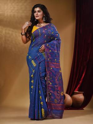 Sapphire Blue Cotton Handwoven Jamdani Saree With Multicolor Floral Designs And Motifs 1