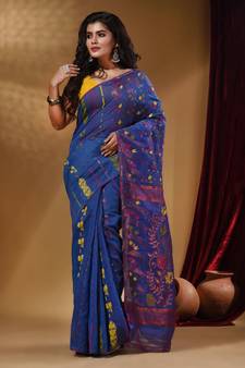Sapphire Blue Cotton Handwoven Jamdani Saree With Multicolor Floral Designs And Motifs