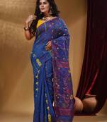Sapphire Blue Cotton Handwoven Jamdani Saree With Multicolor Floral Designs And Motifs