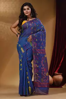 Sapphire Blue Cotton Handwoven Jamdani Saree With Multicolor Floral Designs And Motifs