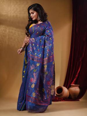 Sapphire Blue Cotton Handwoven Jamdani Saree With Multicolor Floral Designs And Motifs 3