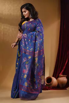 Sapphire Blue Cotton Handwoven Jamdani Saree With Multicolor Floral Designs And Motifs