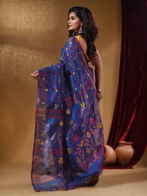 Sapphire Blue Cotton Handwoven Jamdani Saree With Multicolor Floral Designs And Motifs 4