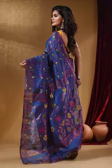 Sapphire Blue Cotton Handwoven Jamdani Saree With Multicolor Floral Designs And Motifs