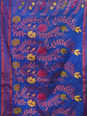 Sapphire Blue Cotton Handwoven Jamdani Saree With Multicolor Floral Designs And Motifs 5