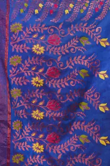 Sapphire Blue Cotton Handwoven Jamdani Saree With Multicolor Floral Designs And Motifs