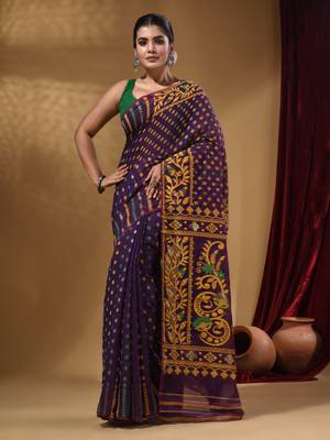 Deep Violet Cotton Handwoven Jamdani Saree With Small Buttas And Nakshi Designs 1