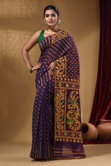 Deep Violet Cotton Handwoven Jamdani Saree With Small Buttas And Nakshi Designs