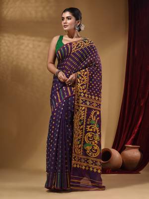 Deep Violet Cotton Handwoven Jamdani Saree With Small Buttas And Nakshi Designs 2