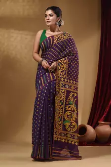 Deep Violet Cotton Handwoven Jamdani Saree With Small Buttas And Nakshi Designs
