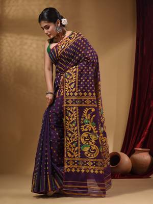 Deep Violet Cotton Handwoven Jamdani Saree With Small Buttas And Nakshi Designs 3