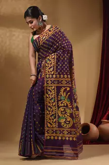 Deep Violet Cotton Handwoven Jamdani Saree With Small Buttas And Nakshi Designs