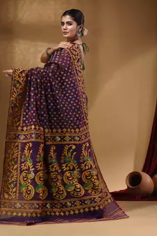 Deep Violet Cotton Handwoven Jamdani Saree With Small Buttas And Nakshi Designs
