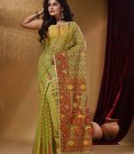 Tea Green Cotton Handwoven Jamdani Saree With Small Buttas And Nakshi Designs