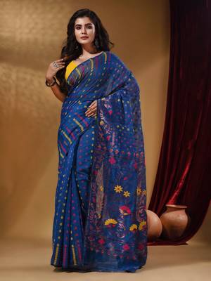 Azure Blue Cotton Handwoven Jamdani Saree With Small Buttas And Nakshi Designs 1