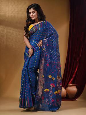 Azure Blue Cotton Handwoven Jamdani Saree With Small Buttas And Nakshi Designs 2