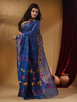 Azure Blue Cotton Handwoven Jamdani Saree With Small Buttas And Nakshi Designs 3