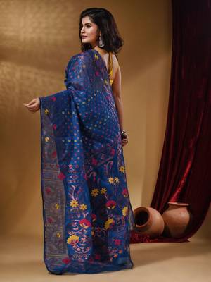 Azure Blue Cotton Handwoven Jamdani Saree With Small Buttas And Nakshi Designs 4