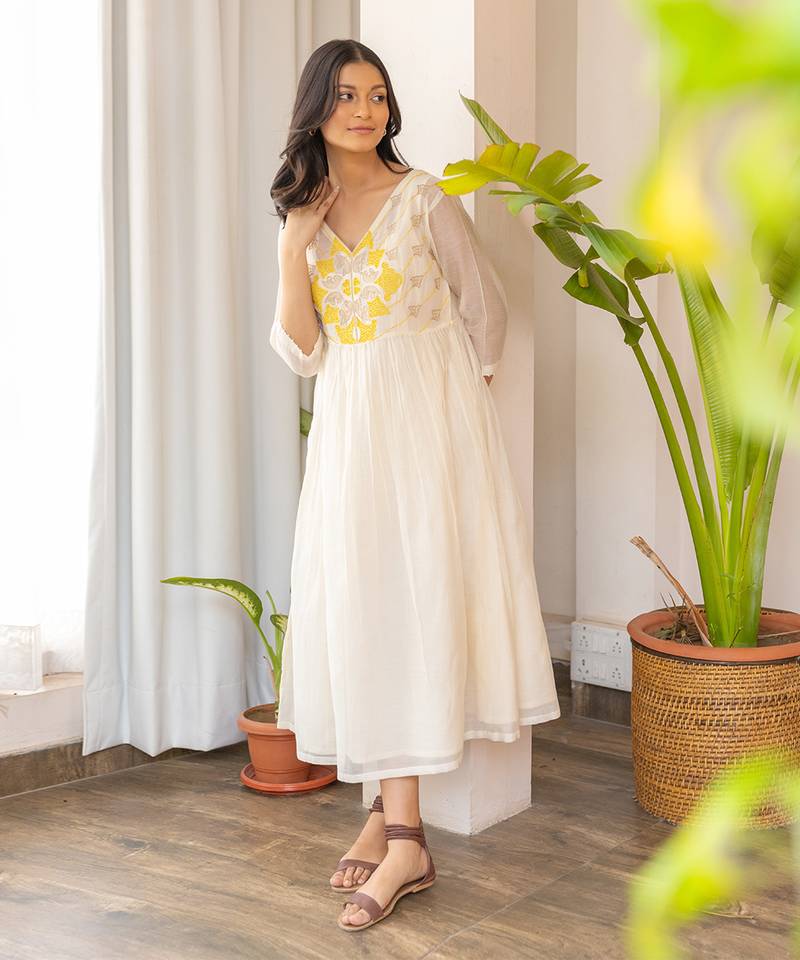 Yellow Full Yoke Embroided Kurta With Pleated Pants