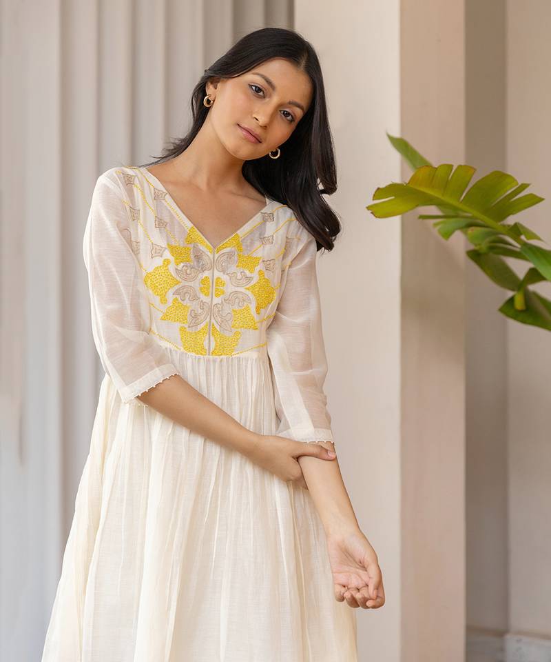 Yellow Full Yoke Embroided Kurta With Pleated Pants