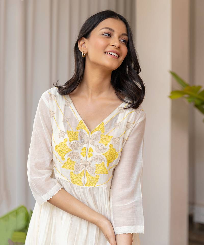Yellow Full Yoke Embroided Kurta With Pleated Pants