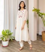 Red Half Yoke Embroided Kurta With Pleated Pants