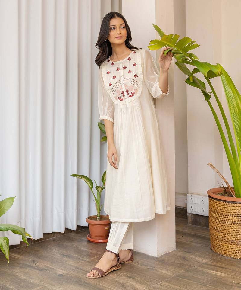 Red Half Yoke Embroided Kurta With Pleated Pants