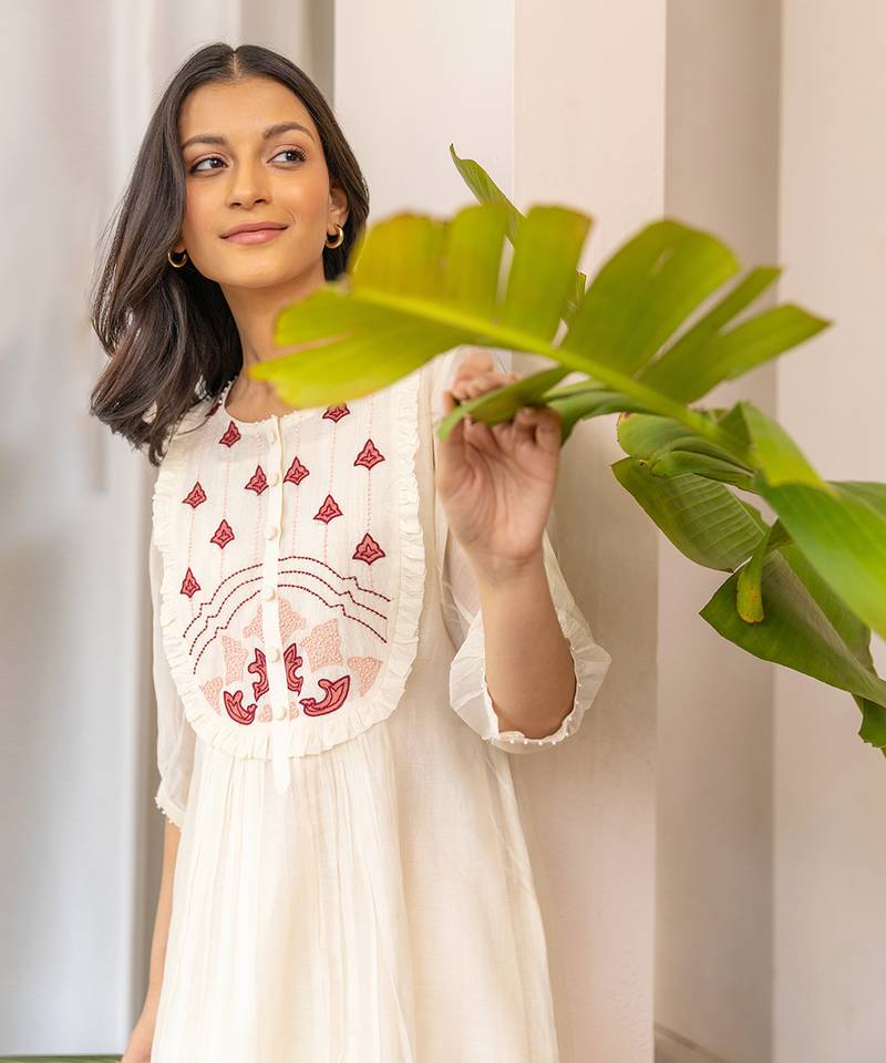 Red Half Yoke Embroided Kurta With Pleated Pants