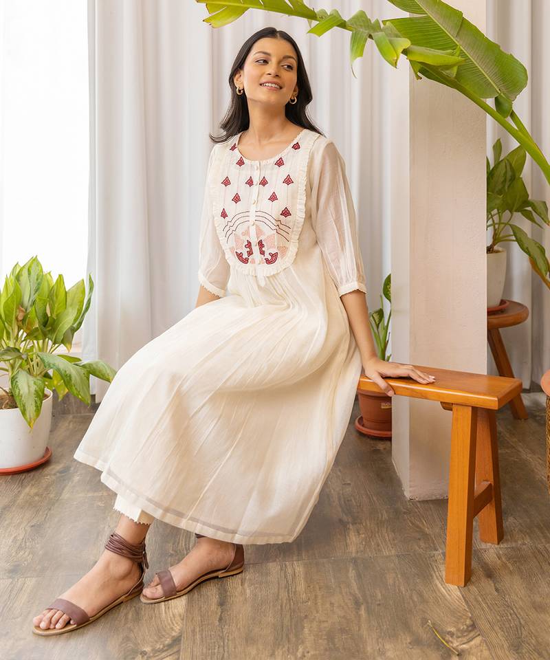 Red Half Yoke Embroided Kurta With Pleated Pants