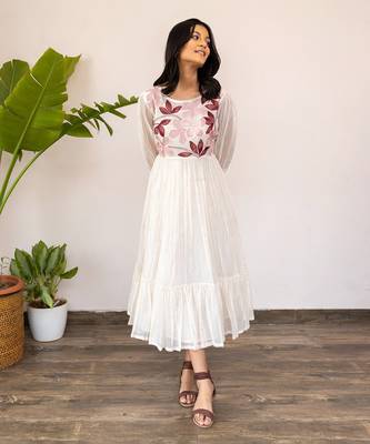 Red Full Yoke Embroidery Two Frill Dress 1