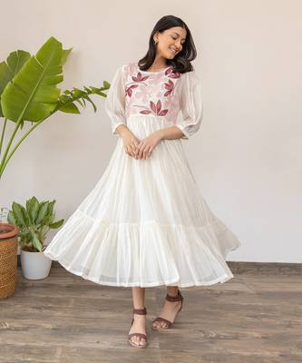 Red Full Yoke Embroidery Two Frill Dress 2