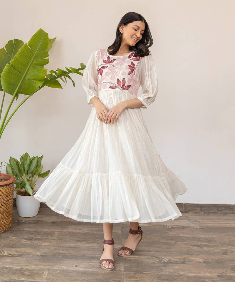 Red Full Yoke Embroidery Two Frill Dress