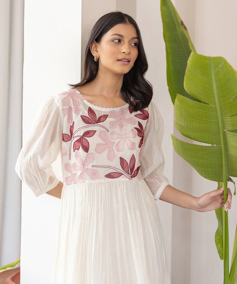 Red Full Yoke Embroidery Two Frill Dress