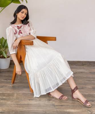 Red Full Yoke Embroidery Two Frill Dress 4