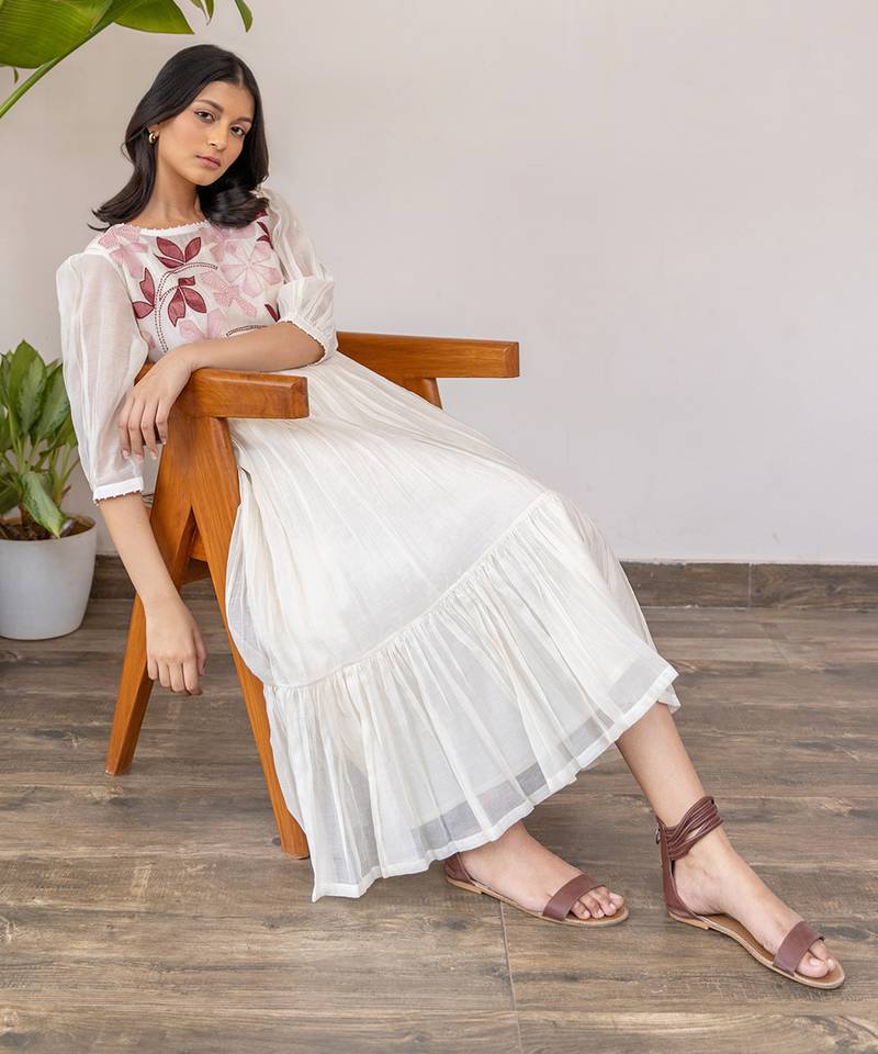 Red Full Yoke Embroidery Two Frill Dress