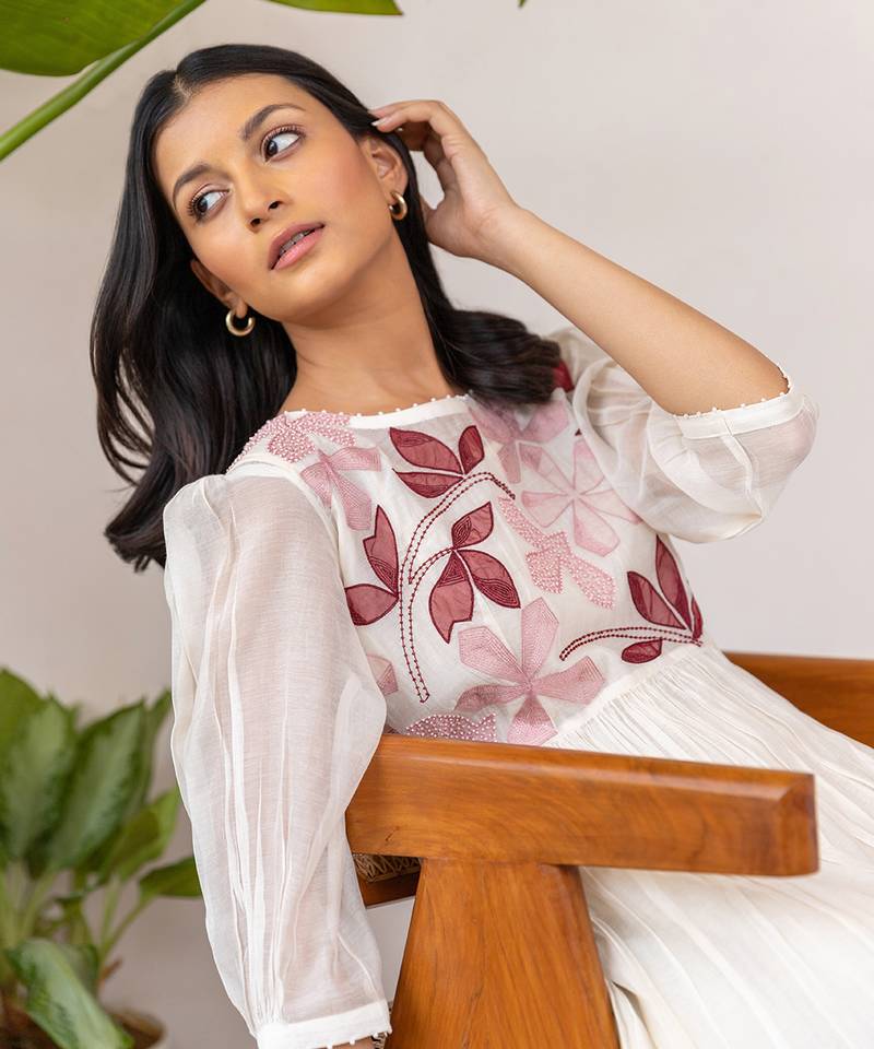 Red Full Yoke Embroidery Two Frill Dress