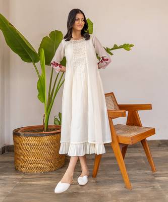 Red Embroidery On Sleeves, Smocking In The Center With Frill Inner Dress 1