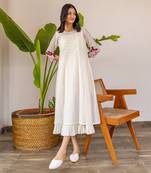 Red Embroidery On Sleeves, Smocking In The Center With Frill Inner Dress